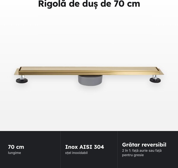 Rigolă de duș 70 cm, inox AISI 304, aurie, grătar reversibil pentru gresie