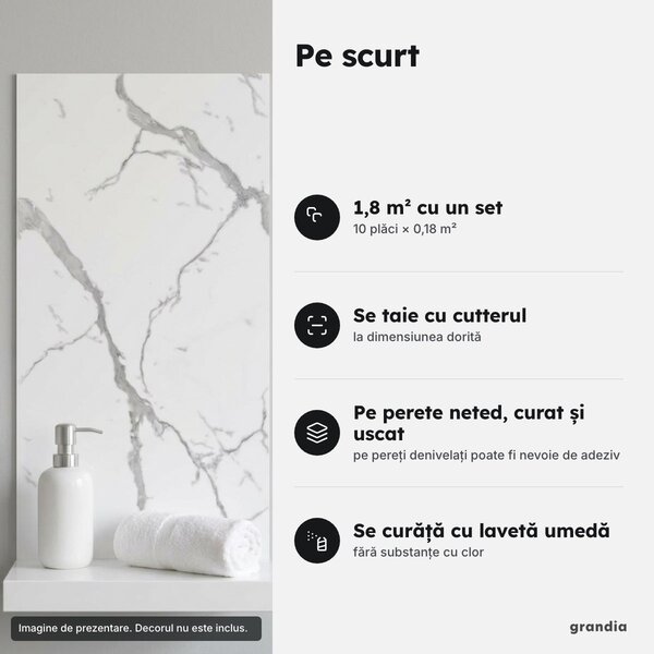 Set 10 plăci autoadezive imitație marmură albă, 30 × 60 cm, 2 mm (1,8 m²)