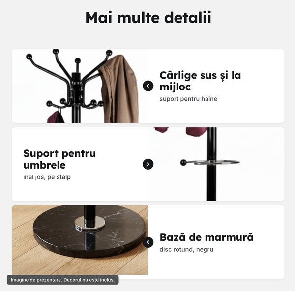 Cuier pom din metal negru, cu bază de marmură și suport pentru umbrele