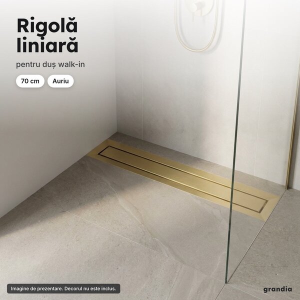 Rigolă de duș 70 cm, inox AISI 304, aurie, grătar reversibil pentru gresie
