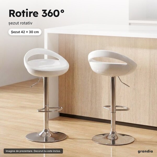 Set 2 scaune de bar rotative albe, șezut ABS, înălțime totală reglabilă 76–96 cm