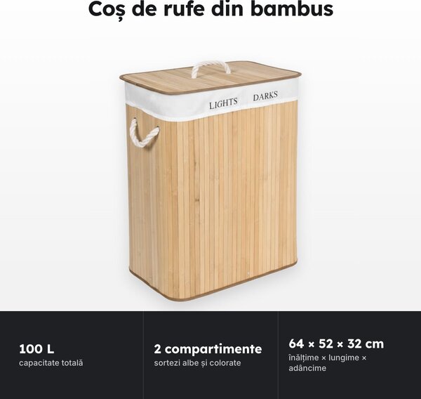 Coș de rufe din bambus 100 L, 2 compartimente, cu capac și husă detașabilă, 64 × 52 × 32 cm
