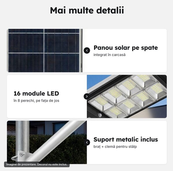 Lampă solară LED de exterior cu senzor de mișcare, telecomandă și suport metalic