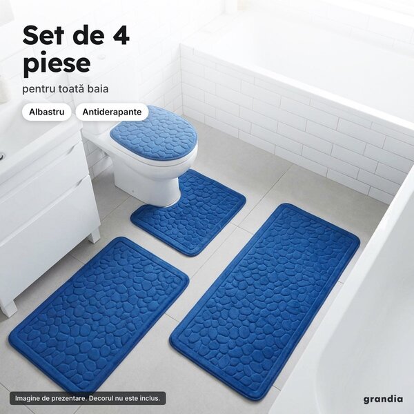 Set 4 covorașe de baie albastre cu model de pietre, 120 × 50 cm și 80 × 50 cm