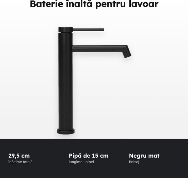 Baterie înaltă pentru lavoar, negru mat, montaj pe blat, 29,5 cm