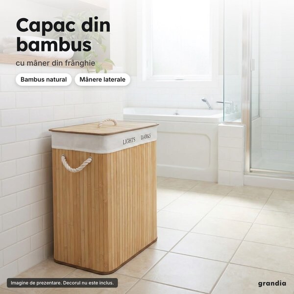Coș de rufe din bambus 100 L, 2 compartimente, cu capac și husă detașabilă, 64 × 52 × 32 cm