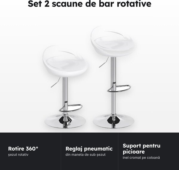 Set 2 scaune de bar rotative albe, șezut ABS, înălțime totală reglabilă 76–96 cm