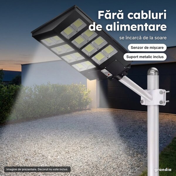 Lampă solară LED de exterior cu senzor de mișcare, telecomandă și suport metalic