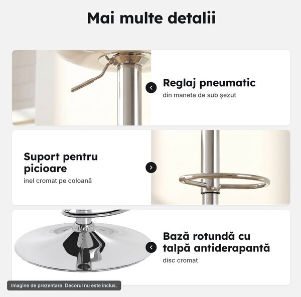 Set 2 scaune de bar rotative albe, șezut ABS, înălțime totală reglabilă 76–96 cm