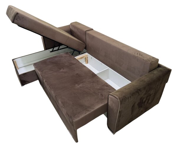 Coltar Lori, 4 locuri, cu 2 lazi de depozitare, catifea, 260x95x80 cm, culoare maro Stânga, catifea, Maro + Crem