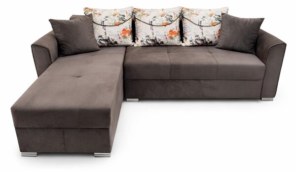 Coltar Lori, 4 locuri, cu 2 lazi de depozitare, catifea, 260x95x80 cm, culoare maro Stânga, catifea, Maro + Crem