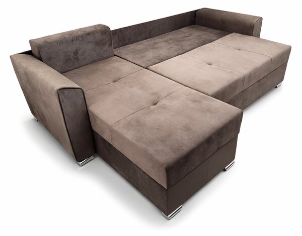Coltar Lori, 4 locuri, cu 2 lazi de depozitare, catifea, 260x95x80 cm, culoare maro Stânga, catifea, Maro + Crem