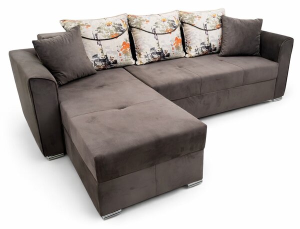 Coltar Lori, 4 locuri, cu 2 lazi de depozitare, catifea, 260x95x80 cm, culoare maro Stânga, catifea, Maro + Crem