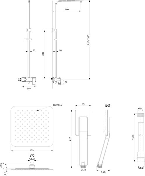 Omnires Baretti set de duș perete cu duș de ploaie crom BA7844CR