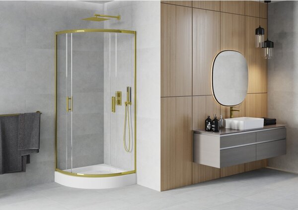 Mexen Rio cabina de duș semirotundă 80 x 80 cm, transparentă, auriu + cadă de duș, albă - 863-080-080-50-00-4710