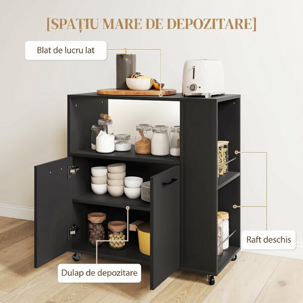 HOMCOM Cărucior de Bucătărie din Lemn cu Blat Deschis, Dulap și Raft Lateral, 75x40x80.5 cm, Negru | Aosom Romania