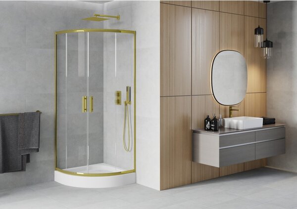 Mexen Rio cabina de duș semirotundă 80 x 80 cm, transparentă, auriu + cadă de duș, albă - 863-080-080-50-00-4710