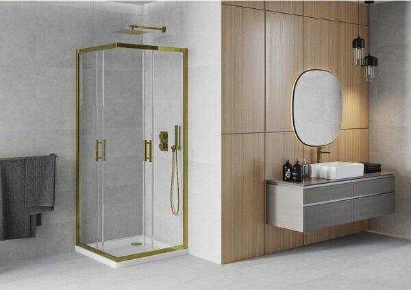 Mexen Rio cabina de duș pătrată 90 x 90 cm, transparentă, aurie + cadă Flat, albă - 860-090-090-50-00-4010G