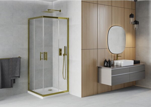 Mexen Rio cabina de duș pătrată 90 x 90 cm, transparentă, aurie + cadă Flat, albă - 860-090-090-50-00-4010G