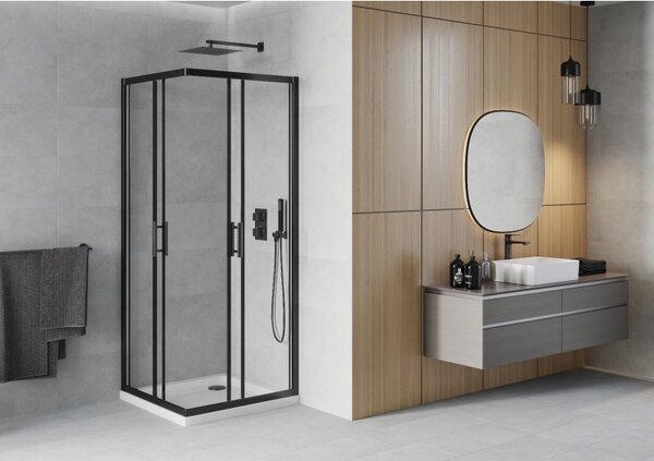 Mexen Rio cabina de duș pătrată 70 x 70 cm, transparentă, neagră + cadă Flat, albă - 860-070-070-70-00-4010B