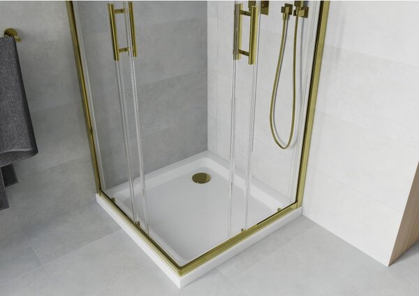 Mexen Rio cabina de duș pătrată 90 x 90 cm, transparentă, aurie + cadă Flat, albă - 860-090-090-50-00-4010G
