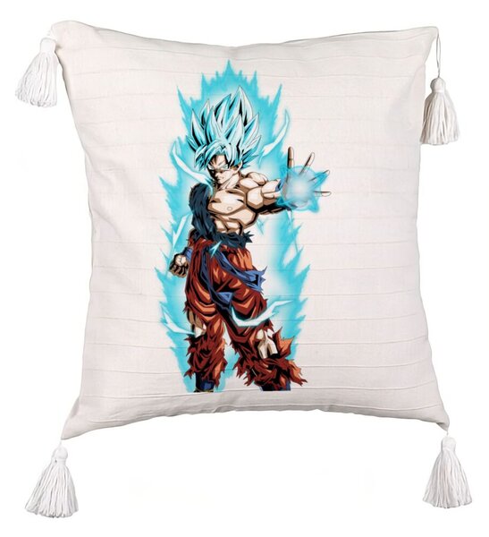 Perna Decorativa cu Franjuri cu Goku Vegeta Super Saiya Saiyan Dragon Ball, 45x45 cm, Ecru, Cu fermoar