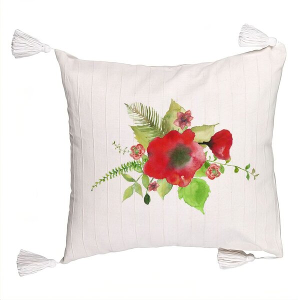 Perna Decorativa cu Franjuri, Model Florale Mac, 45x45 cm, Ecru, Cu fermoar