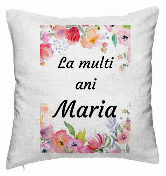 Perna Decorativa, Model La multi ani Maria 2, 40x40 cm, Alb Murdar, Husa Detasabila, Burduf