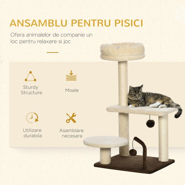 PawHut Turn Interior pentru Pisici, Stâlp Zgâriat, Jucărie Minge, Gri | Aosom Romania