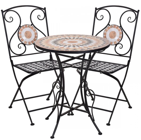 Set (bistro) mobilier de gradină metalic - masă și 2 scaune - ceramică decorată mozaic