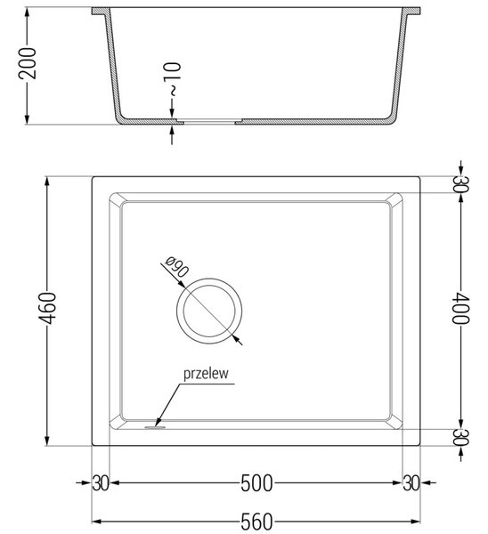 Mexen Pedro chiuvetă de granit cu 1 compartiment 560 x 460 mm, albă, sifon auriu - 6508561000-20-G