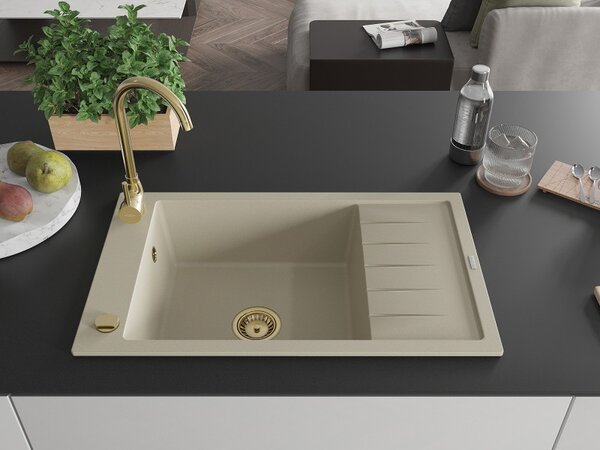 Mexen Elias chiuvetă din granit cu 1 compartiment cu scurgător 795 x 480 mm, bej, sifon auriu - 6511791005-69-G