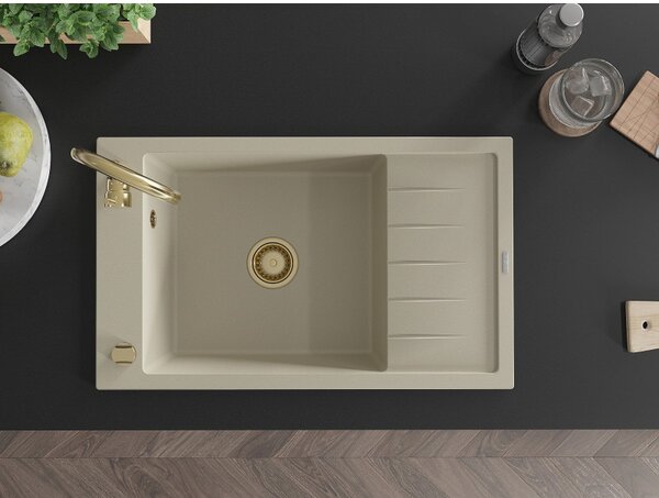 Mexen Elias chiuvetă din granit cu 1 compartiment cu scurgător 795 x 480 mm, bej, sifon auriu - 6511791005-69-G