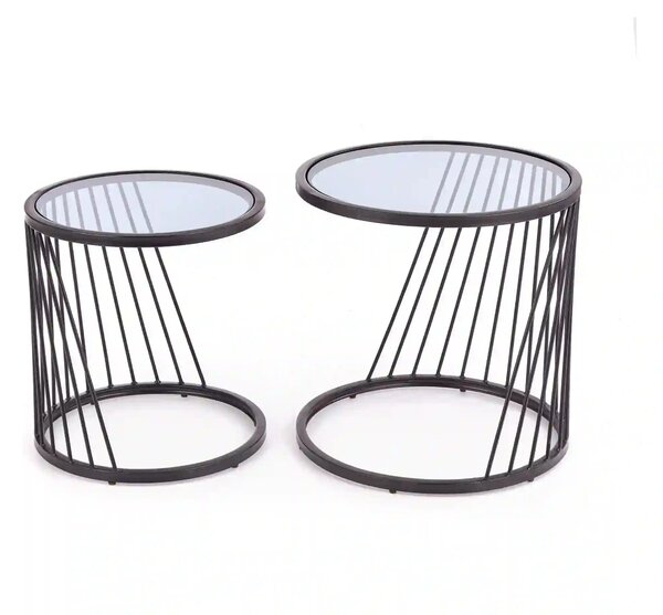 Set 2 masute cafea ANTILLA, transparent/negru, sticla/otel