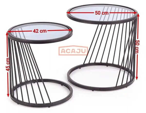 Set 2 masute cafea ANTILLA, transparent/negru, sticla/otel