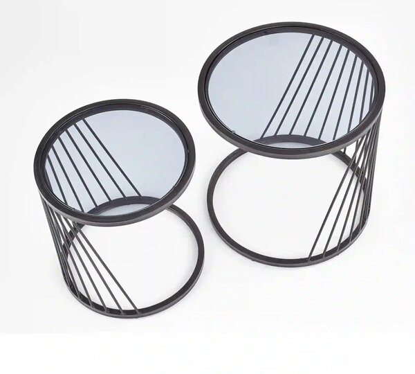 Set 2 masute cafea ANTILLA, transparent/negru, sticla/otel