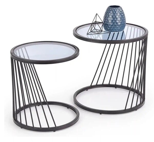 Set 2 masute cafea ANTILLA, transparent/negru, sticla/otel