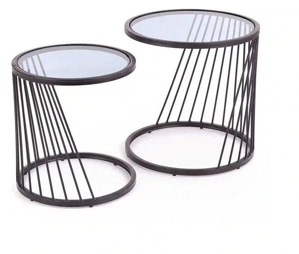 Set 2 masute cafea ANTILLA, transparent/negru, sticla/otel