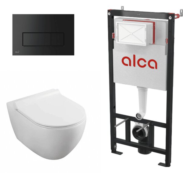 Set complet vas WC suspendat, Fluminia, Minerva Alb, cu rezervor Alca si clapeta neagra