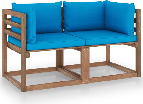 Canapea din paleți de grădină, 2 locuri, perne bleu, lemn pin