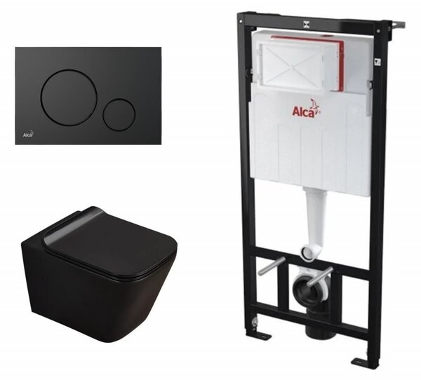 Set complet vas WC suspendat, Fluminia, Paris negru, cu rezervor Alca si clapeta M678 neagra