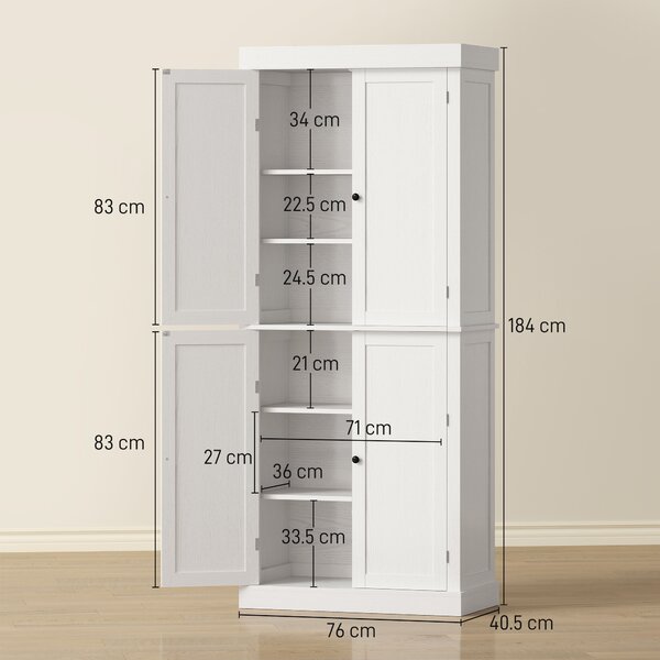 HOMCOM Dulap Înalt de Bucătărie cu 6 Rafturi și 2 Uși, Dulap cu Rafturi Reglabile din Lemn, 76x40,5x184 cm, Alb | Aosom Romania