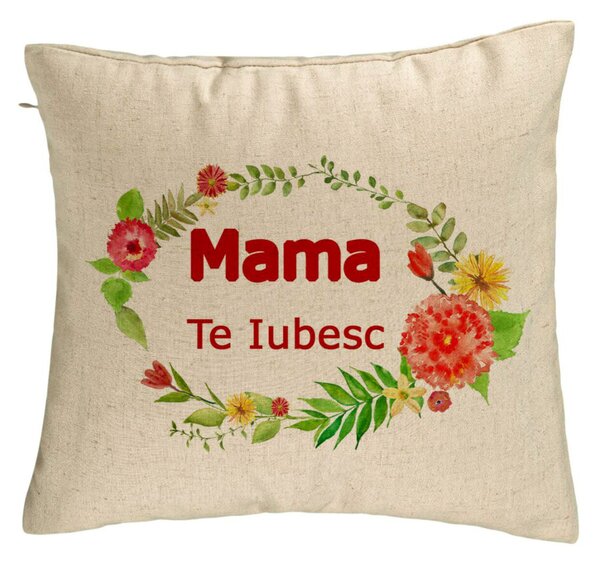 Perna Decorativa, Model Pentru Mama Te iubesc 2, 40x40 cm, Bej, Husa Detasabila, Burduf
