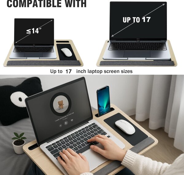 Masuta laptop pentru poala onuvio® tip bed desk / lazy table 55x34 cm, cu suport mouse si suport antebrat cu perne duble de aerisire, pentru laptopuri pana la 17 inch - alb