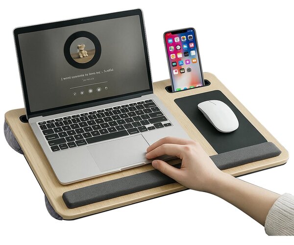 Masuta laptop pentru poala onuvio® tip bed desk / lazy table 55x34 cm, cu suport mouse si suport antebrat cu perne duble de aerisire, pentru laptopuri pana la 17 inch - alb