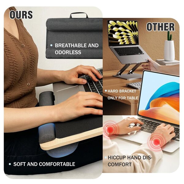 Masuta laptop pentru poala onuvio® tip bed desk / lazy table 55x34 cm, cu suport mouse si suport antebrat cu perne duble de aerisire, pentru laptopuri pana la 17 inch - alb