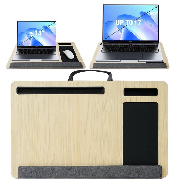 Masuta laptop pentru poala onuvio® tip bed desk / lazy table 55x34 cm, cu suport mouse si suport antebrat cu perne duble de aerisire, pentru laptopuri pana la 17 inch - alb