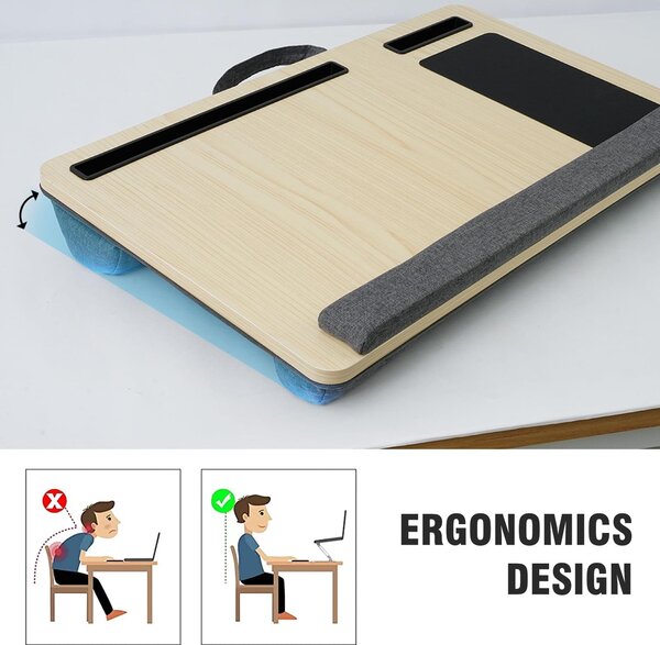 Masuta laptop pentru poala onuvio® tip bed desk / lazy table 55x34 cm, cu suport mouse si suport antebrat cu perne duble de aerisire, pentru laptopuri pana la 17 inch - alb
