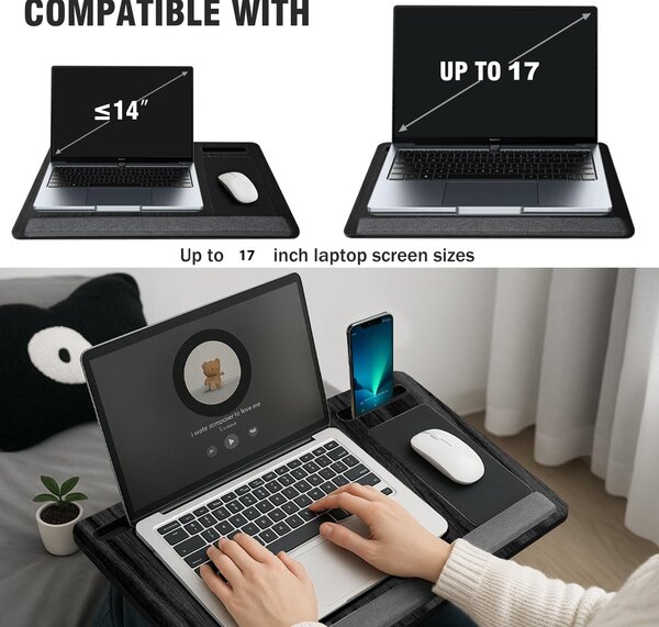 Masuta laptop pentru poala onuvio® tip bed desk / lazy table 55x34 cm, cu suport mouse si suport antebrat cu perne duble de aerisire, pentru laptopuri pana la 17 inch - gri