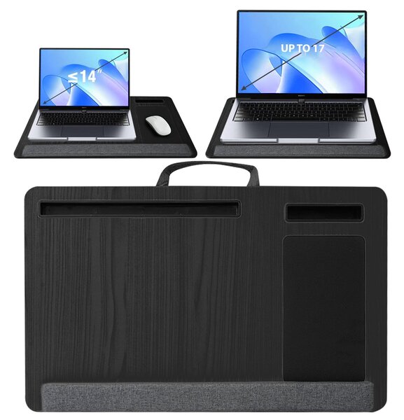 Masuta laptop pentru poala onuvio® tip bed desk / lazy table 55x34 cm, cu suport mouse si suport antebrat cu perne duble de aerisire, pentru laptopuri pana la 17 inch - gri